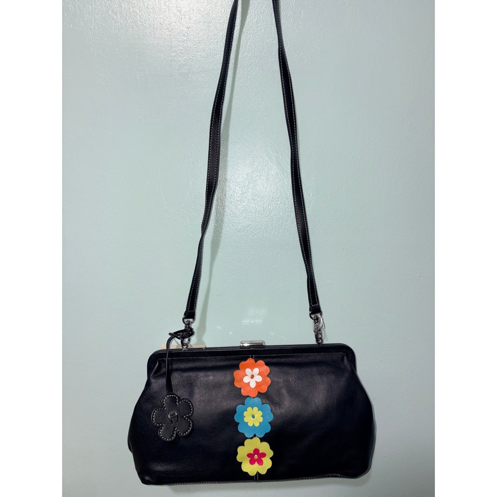 RARE Aigner Black Leather Kiss‎ Lock Shoulder Bag Clutch Multicolor Flower